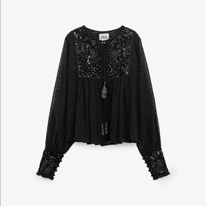 NWT Zara Black Tasseled Plumetis Dotted Mesh Jacket With Sequins XS 5107/070